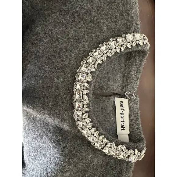 SELF-PORTRAIT Cropped crystal-embellished knitted sweater Gray Size Large - Picture 9 of 11